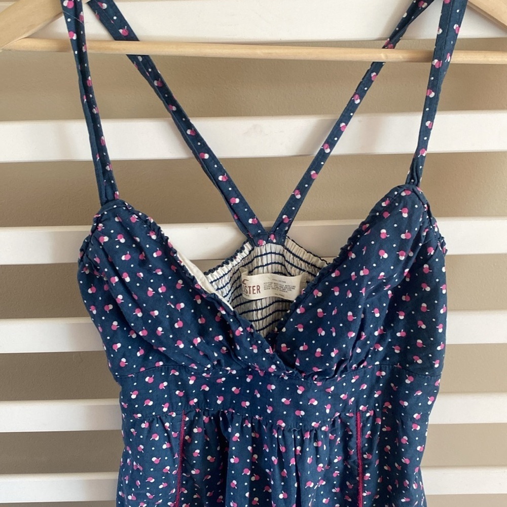 Hollister Navy Blue Pink White Polka Dot Mini Racerback Dress Size Medium - Picture 2 of 11